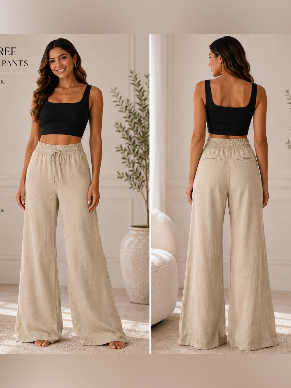 Love Tree Linen Blend Wide Leg Palazzo Pants – Beige, Size Large